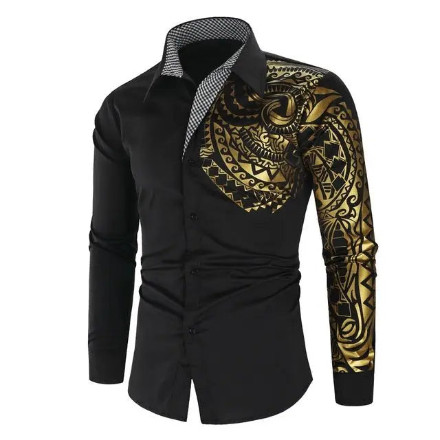 Luxury Gold Black Shirt Men New Slim Fit Long Sleeve - Wamarzon