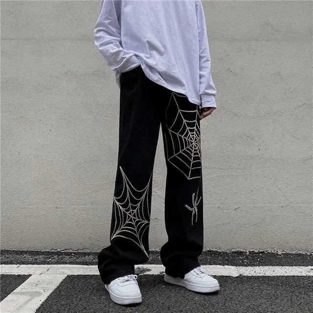 Men's Black Streetwear Spider Web Pants - Wamarzon