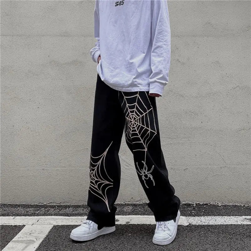 Men's Black Streetwear Spider Web Pants - Wamarzon