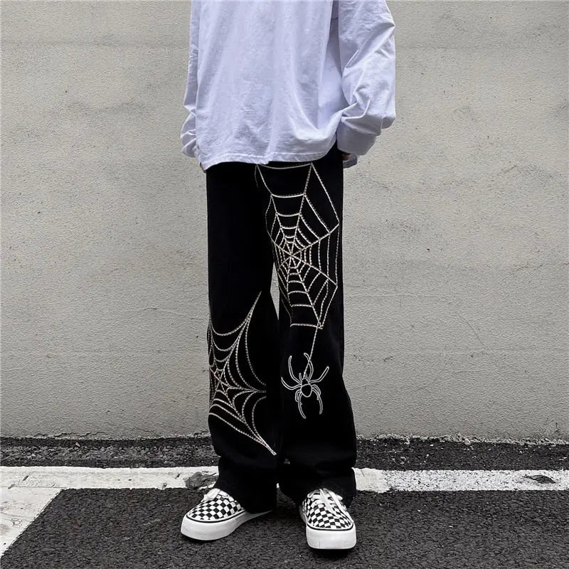 Men's Black Streetwear Spider Web Pants - Wamarzon