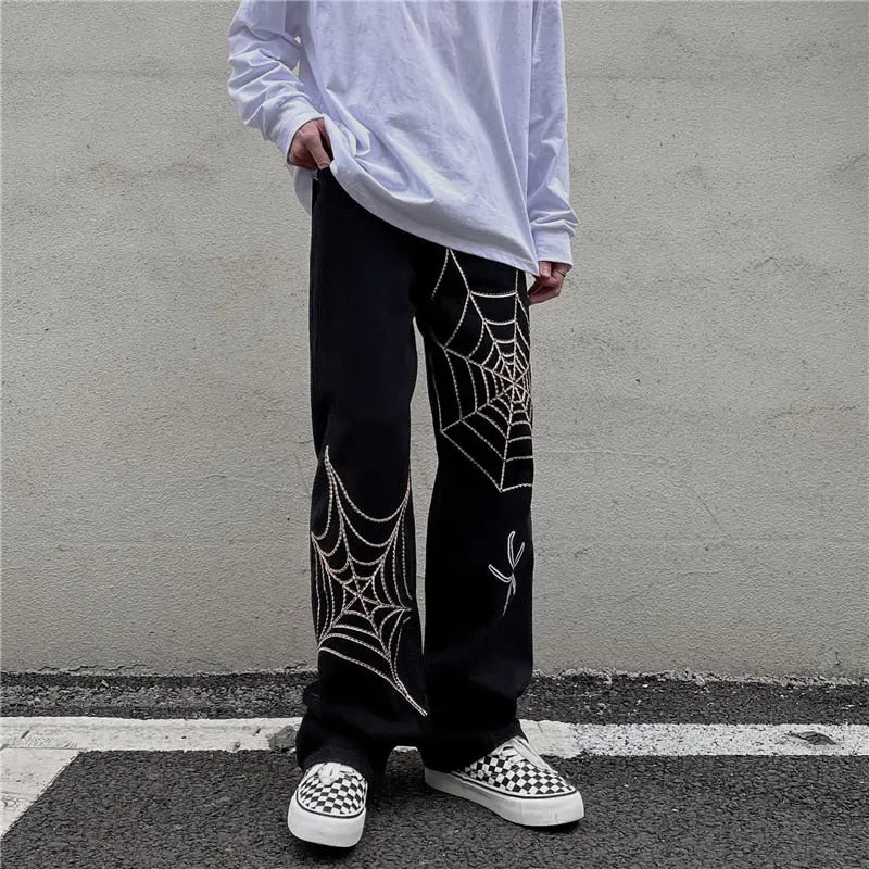 Men's Black Streetwear Spider Web Pants - Wamarzon