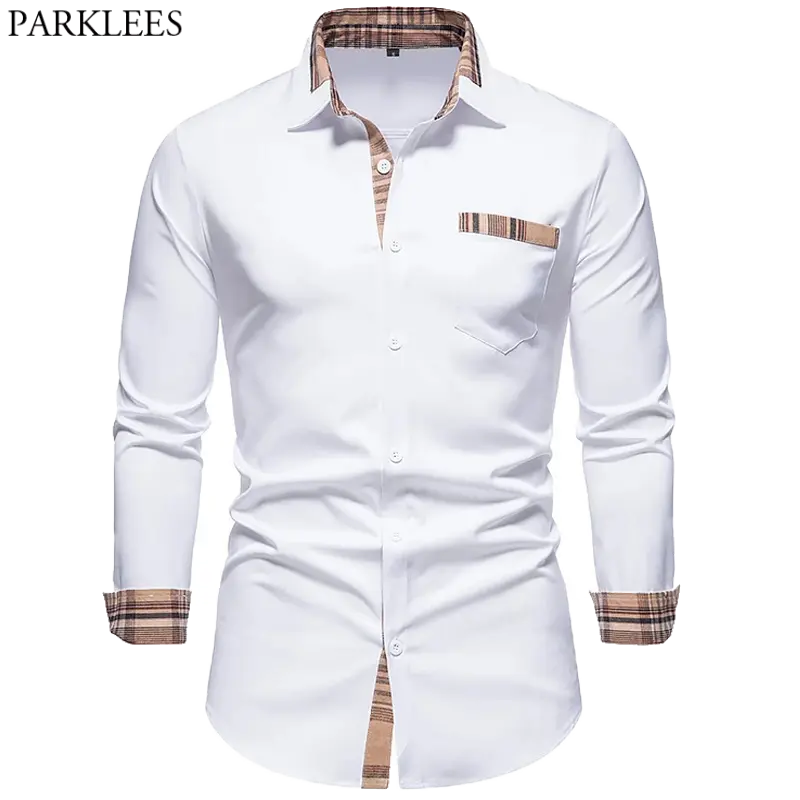 Plaid Patchwork Formal Shirts for Men - Image #1