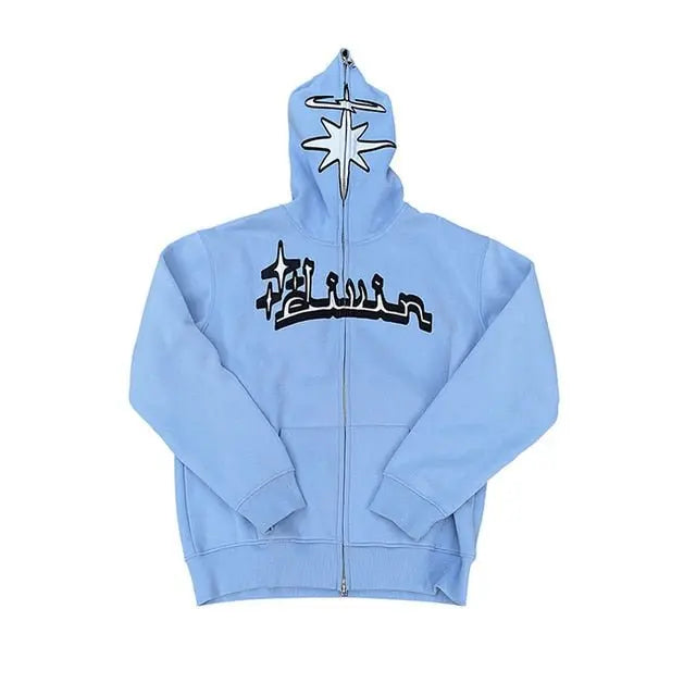 Full Zip Star Print Hoodie - Wamarzon