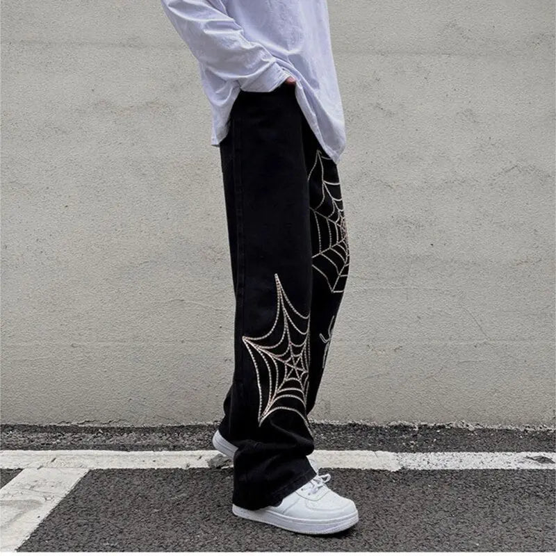 Men's Black Streetwear Spider Web Pants - Wamarzon