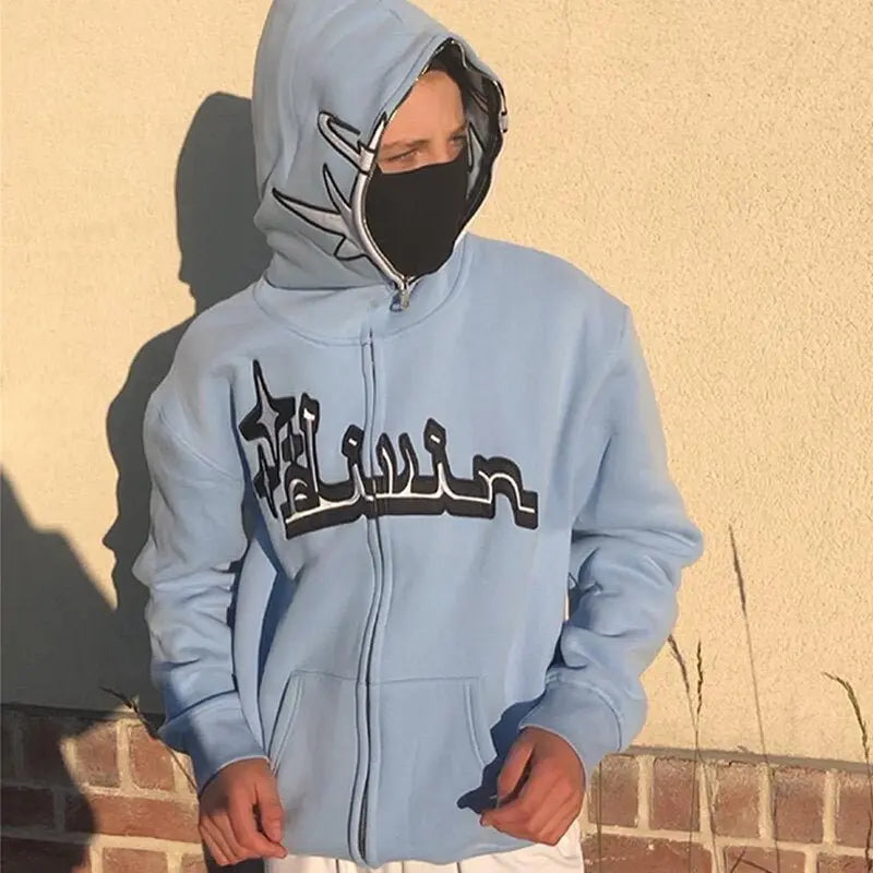 Full Zip Star Print Hoodie - Wamarzon