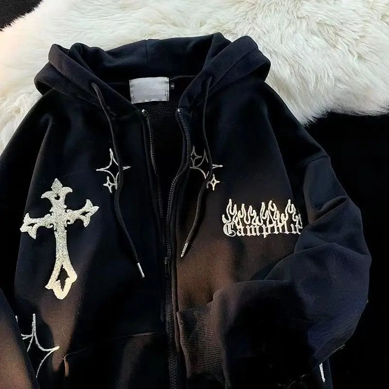 Goth Embroidery Retro Hoodies - Wamarzon