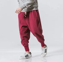 Cotton Linen Harem Pants Men Solid Elastic Waist Streetwear Joggers - Wamarzon