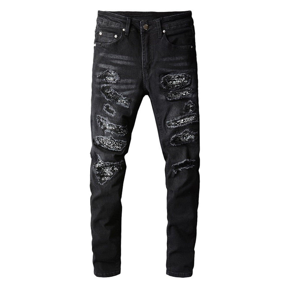 Black Bandanna Ripped Jeans - Wamarzon