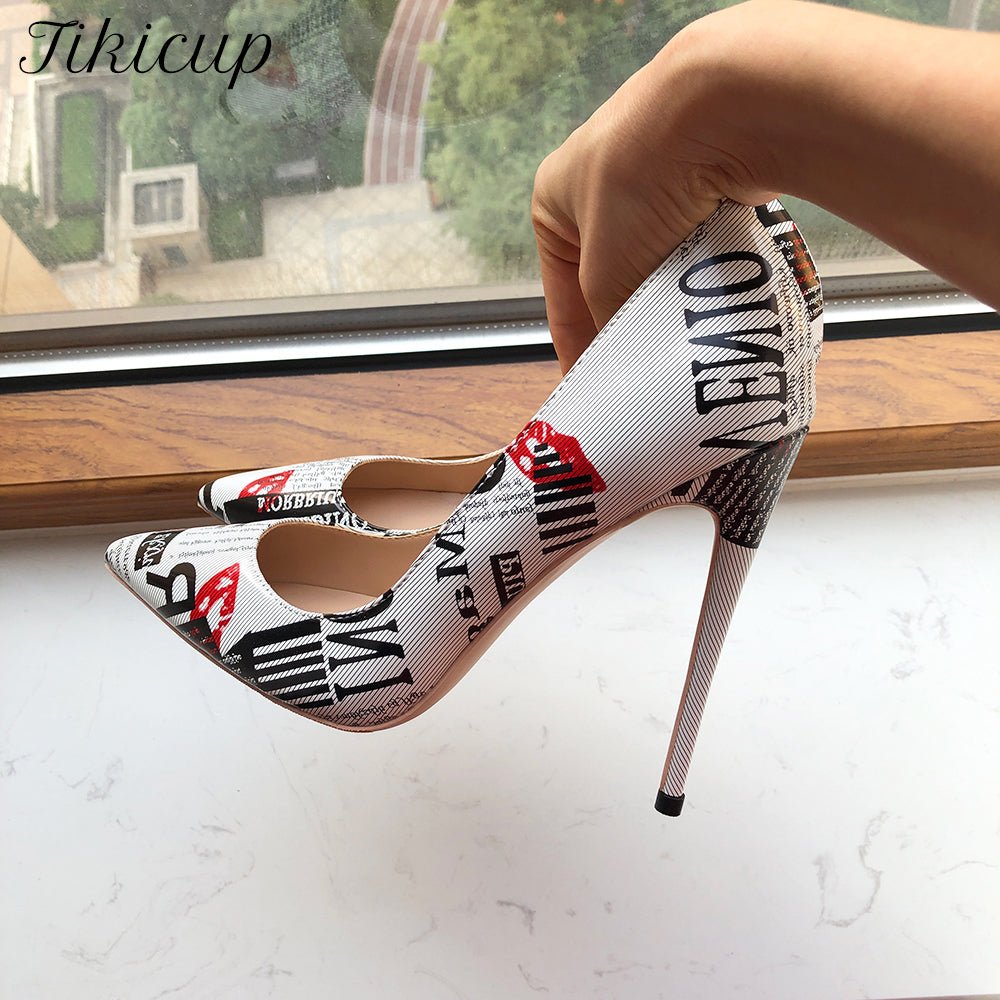 Graphic Print White Pointy Toe High Heel Shoes - Wamarzon
