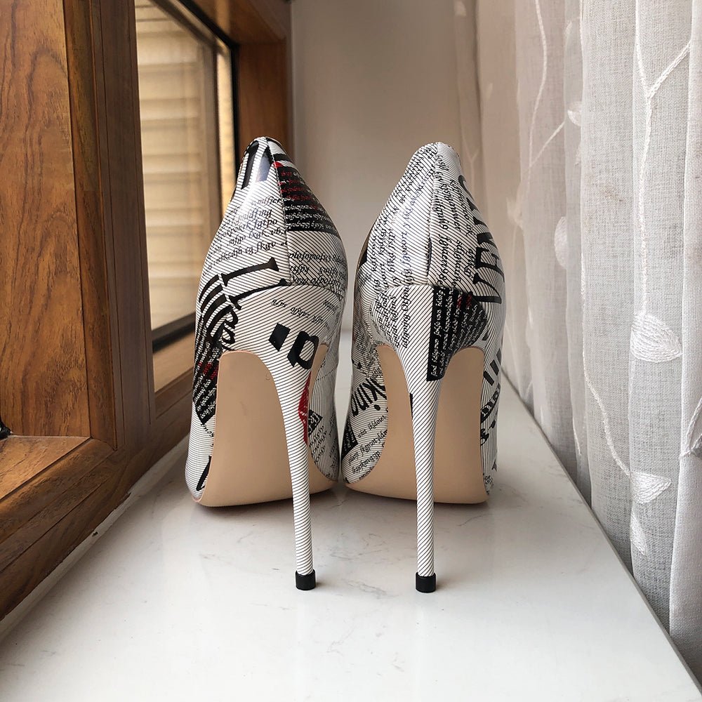 Graphic Print White Pointy Toe High Heel Shoes - Wamarzon