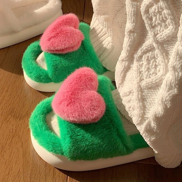 Heart Love Fluffy Fur Slippers - Wamarzon