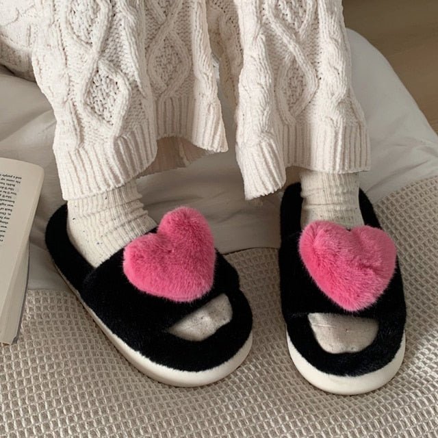 Heart Love Fluffy Fur Slippers - Wamarzon