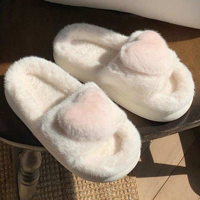 Heart Love Fluffy Fur Slippers - Wamarzon