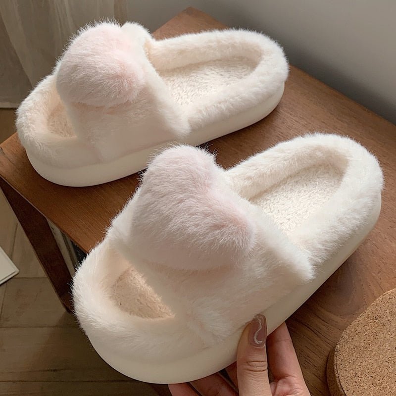 Heart Love Fluffy Fur Slippers - Wamarzon