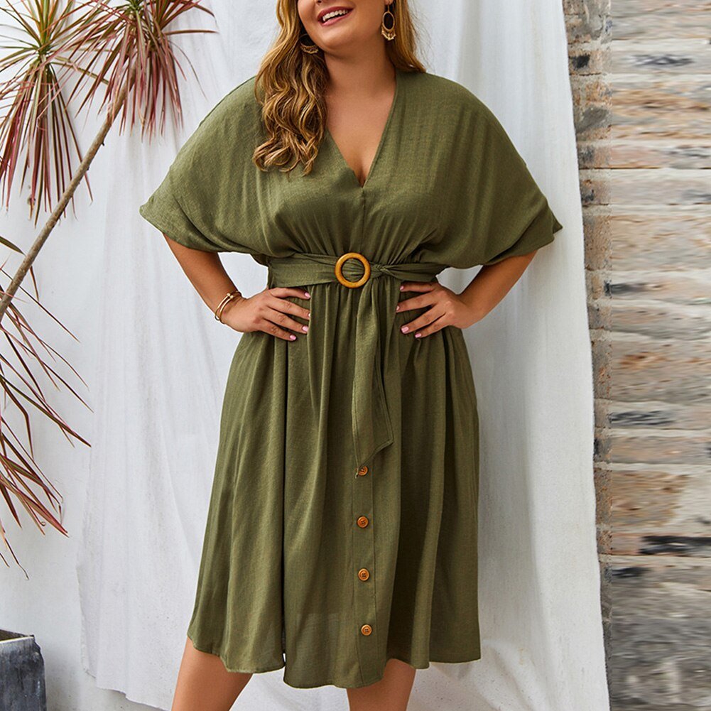 Plus Size Dress Full Sleeve V Neck - Wamarzon