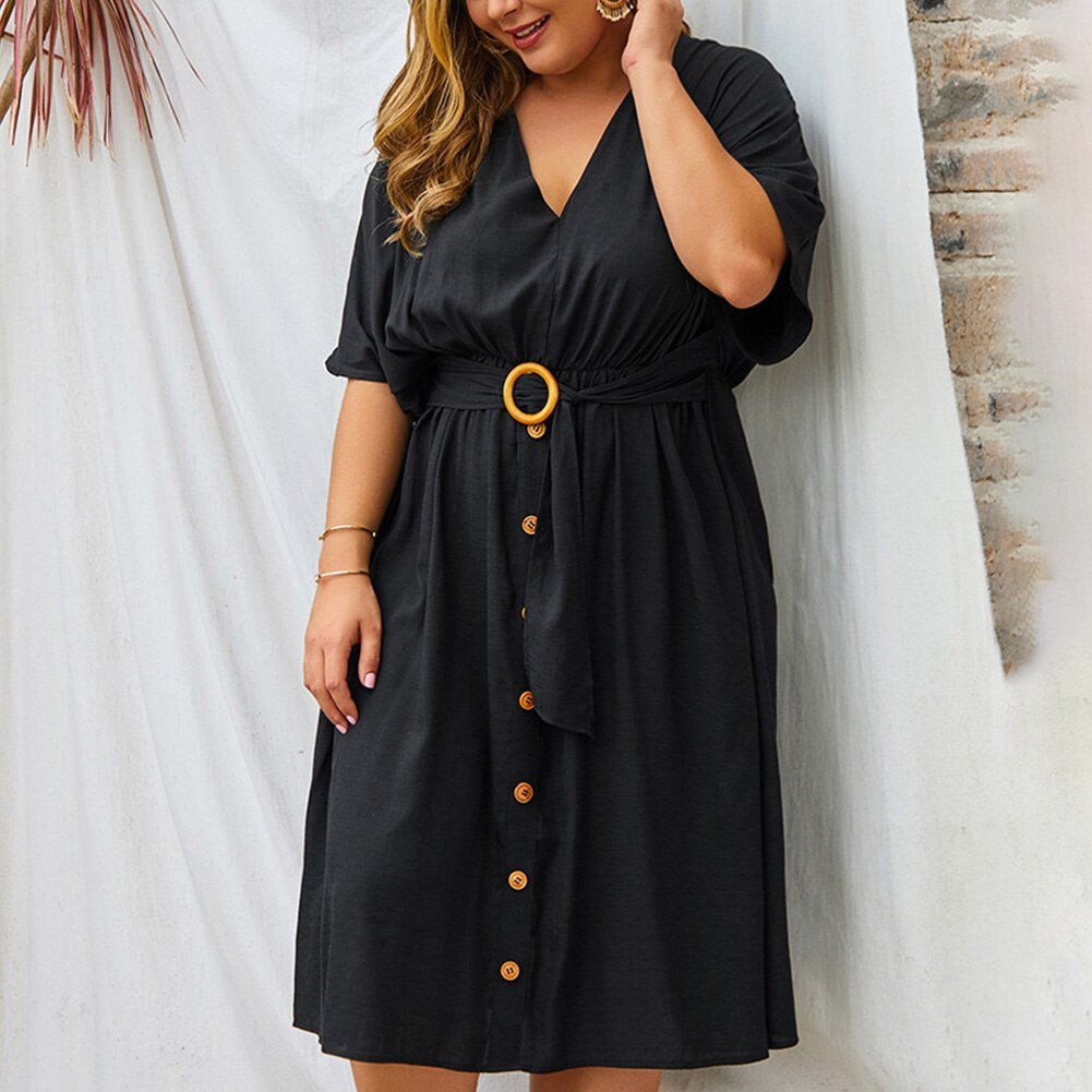 Plus Size Dress Full Sleeve V Neck - Wamarzon