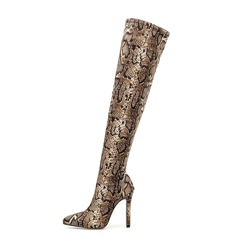 Python Snake Print Thigh High Boots - Wamarzon