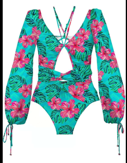 Vintage One Piece Swimsuit Female 2022 Long Sleeve Swimwear Women Plus Size Bathing Suit Print Bandage Summer Bathers Monokini - Wamarzon