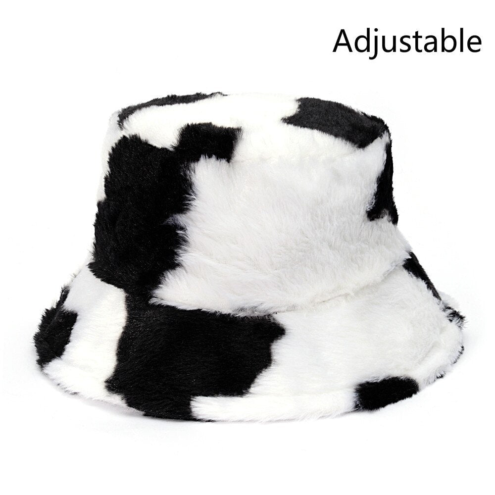 Winter Cow Leopard Faux Fur Fluffy Bucket Hats - Wamarzon