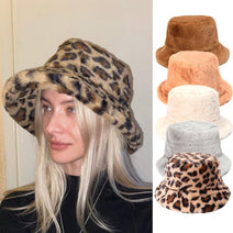 Winter Cow Leopard Faux Fur Fluffy Bucket Hats - Wamarzon